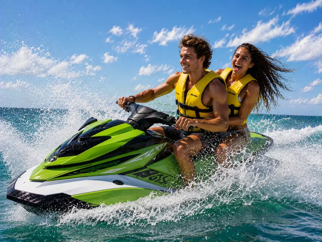 Two people in life jackets speeding on a jet ski, kicking up spray