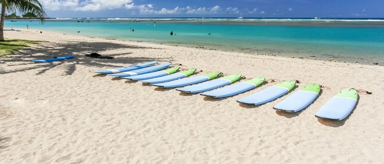 Surfboards lined up on the sand at Ala Moana Beach Park